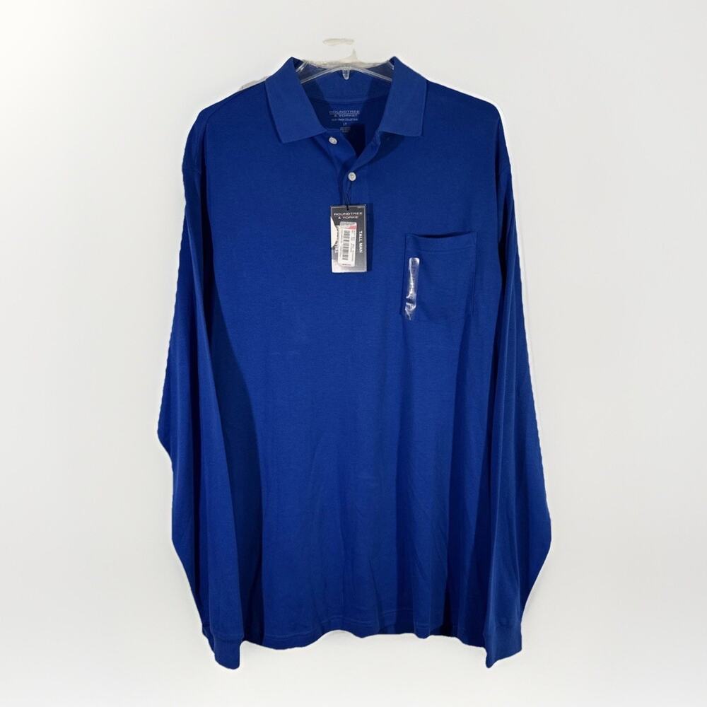 NWT Roundtree & Yorke Men's XLT Blue Long Sleeve Polo Shirt Cotton Blend Pocket